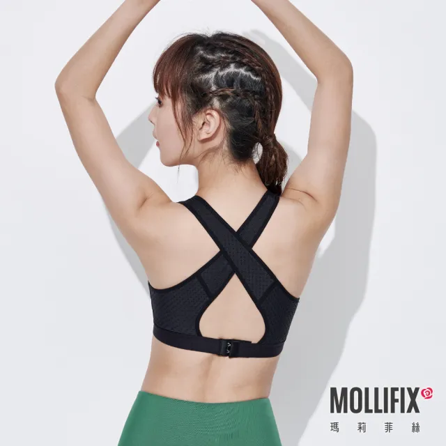 【Mollifix 瑪莉菲絲】交叉美背洞洞運動內衣、瑜珈服(黑)