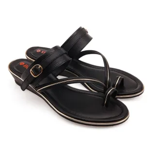 【A.S.O 阿瘦集團】BESO 柔軟牛皮簡約金屬條帶楔型兩穿涼鞋(黑色)