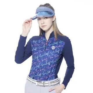【Lynx Golf】女款吸排合身版易溶紗材質Lynx印花盾型織標長袖立領POLO衫/高爾夫球衫(深藍色)