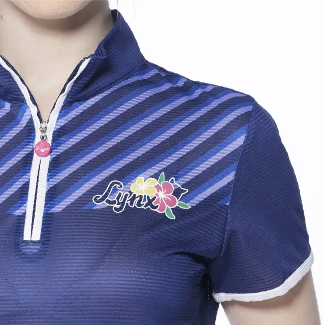 【Lynx Golf】女款吸溼排汗半身斜紋印花兩袖織帶設計短袖立領POLO衫/高爾夫球衫(深藍色)