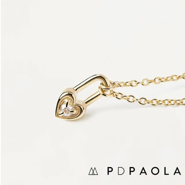 【PD PAOLA】西班牙時尚潮牌 迷你別針愛心項鍊 鑲鑽款 HEART PADLOCK(925純銀鑲18K金)