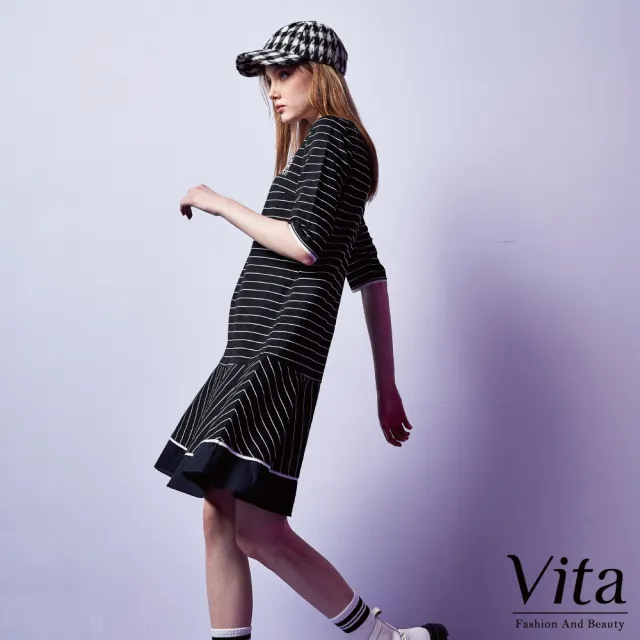 【MYSHEROS 蜜雪兒】VITA短洋裝 條紋拚接 微彈 圓領 後拉鍊(黑)