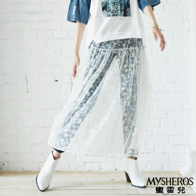 【MYSHEROS 蜜雪兒】VITA造形外罩裙 透膚蕾絲刺繡 側綁帶設計(白)
