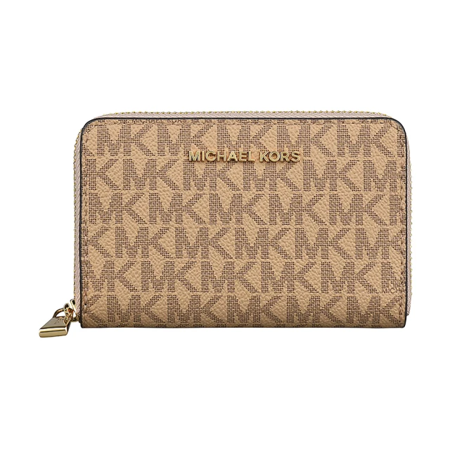 Michael Kors MK MICHAEL KORS金字LOGO印花PVC 6卡拉鍊零錢包(淺棕)