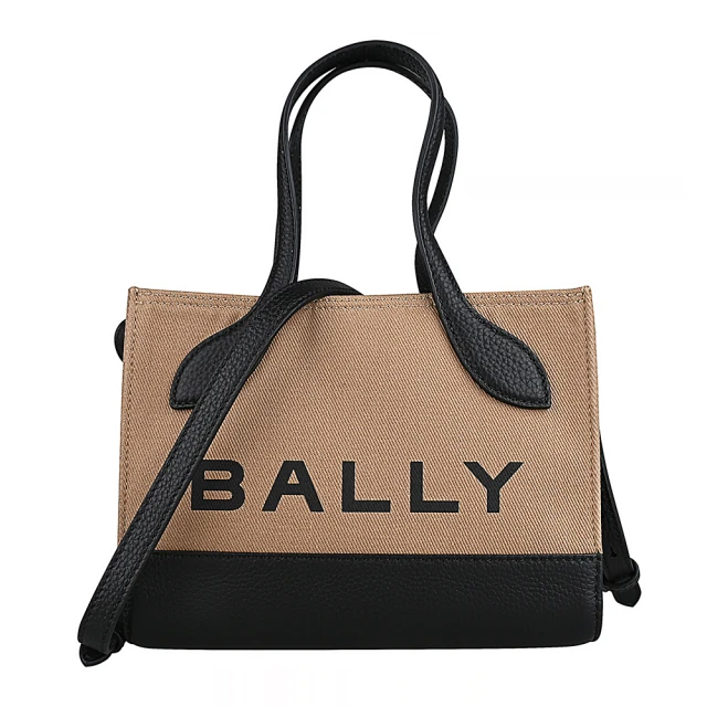 BALLY BAR Keep On XS黑字LOGO帆布拼接皮革手提斜背包(沙黃x黑)