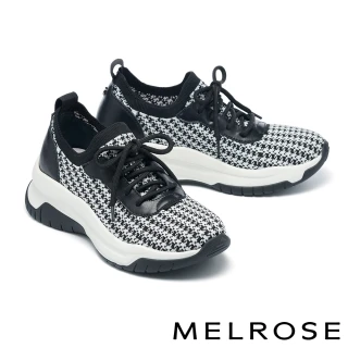 【MELROSE】美樂斯 質感簡約千鳥格紋飛織布牛皮綁帶厚底休閒鞋(黑白)