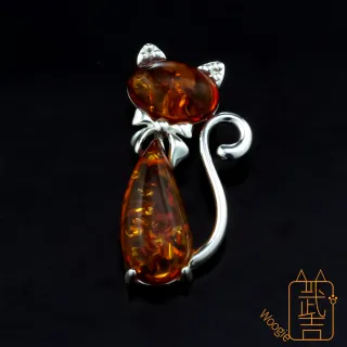 【Woogie武吉珠寶】琥珀蜜蠟設計師手工款花珀包鑲項鍊(爆花喵咪)