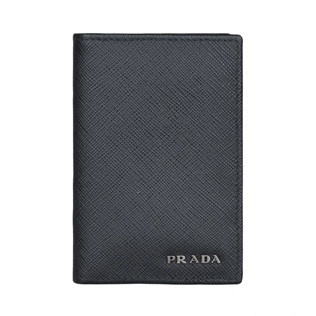 PRADA 普拉達 PRADA銀字LOGO十字防刮牛皮6卡摺疊短夾(黑)