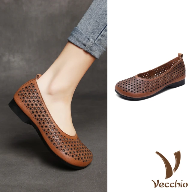 VecchioVecchio 真皮軟底鞋 縷空軟底鞋/全真皮頭層牛皮寬楦縷空洞洞軟底鞋(棕)