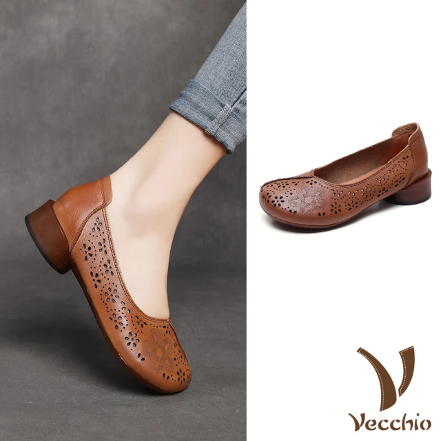 VecchioVecchio 真皮軟底鞋 縷空軟底鞋/全真皮頭層牛皮縷空拼接花朵皮雕造型軟底鞋(棕)