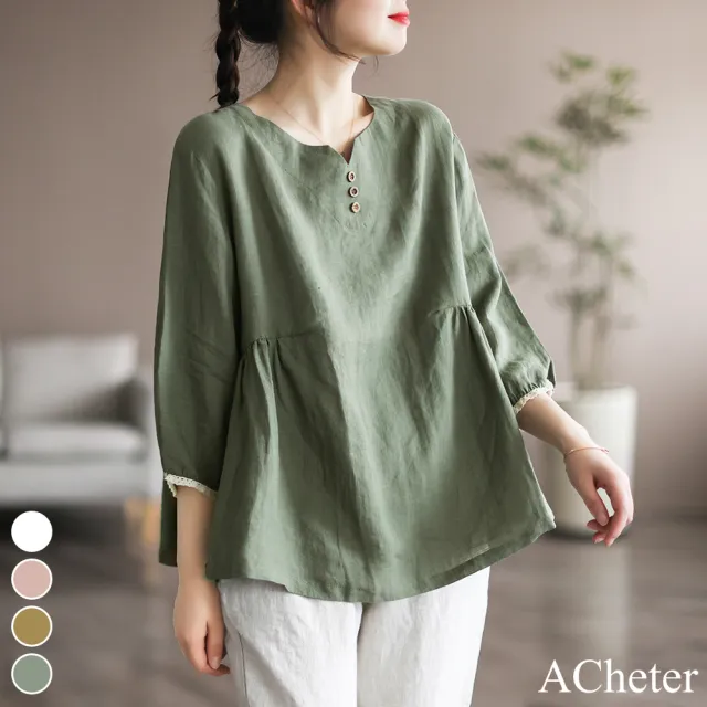 【ACheter】日系公主拼接蕾絲邊棉麻七分袖寬鬆中長版上衣#113008(白/粉/黃/綠)