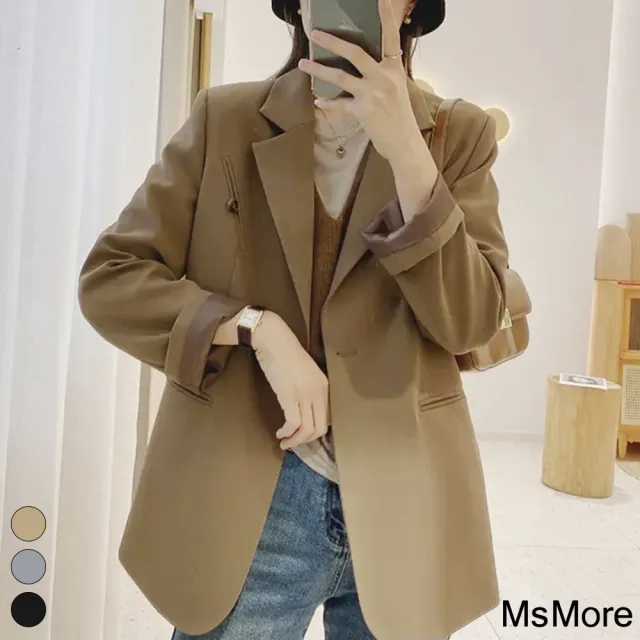 【MsMore】俏佳人長袖西裝氣質休閒寬鬆小個子短版百搭西服#118925(黑/灰/咖)