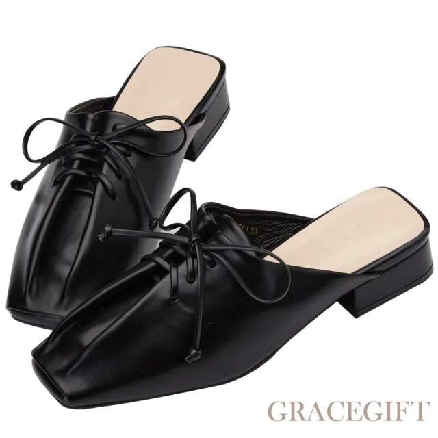 【Grace Gift】Alice聯名-氣質綁帶褶皺低跟穆勒鞋