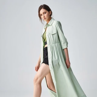 【iROO】療癒綠襯衫式長版洋裝
