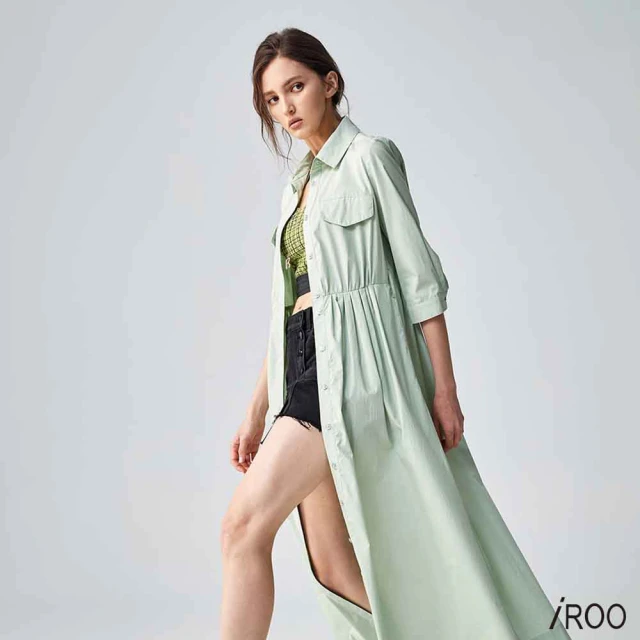 【iROO】療癒綠襯衫式長版洋裝