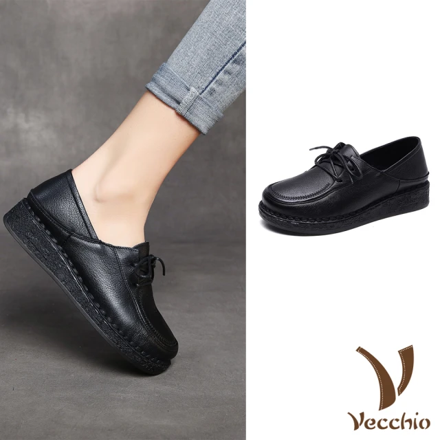 Vecchio 真皮皮鞋 兩穿皮鞋/真皮頭層牛皮兩穿法設計繫帶復古軟底小皮鞋(黑)