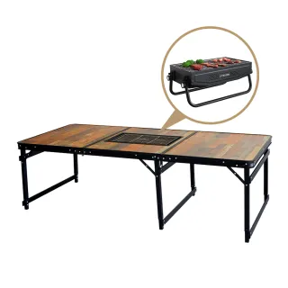 【LIFECODE】黑電木加寬鋁合金燒烤桌/折疊桌180*80cm+可提式烤肉架(送背袋)