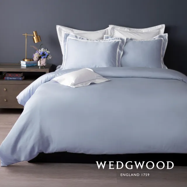 【WEDGWOOD】60支100%天絲素色兩用被枕套床包四件組-簡約天藍(特大)