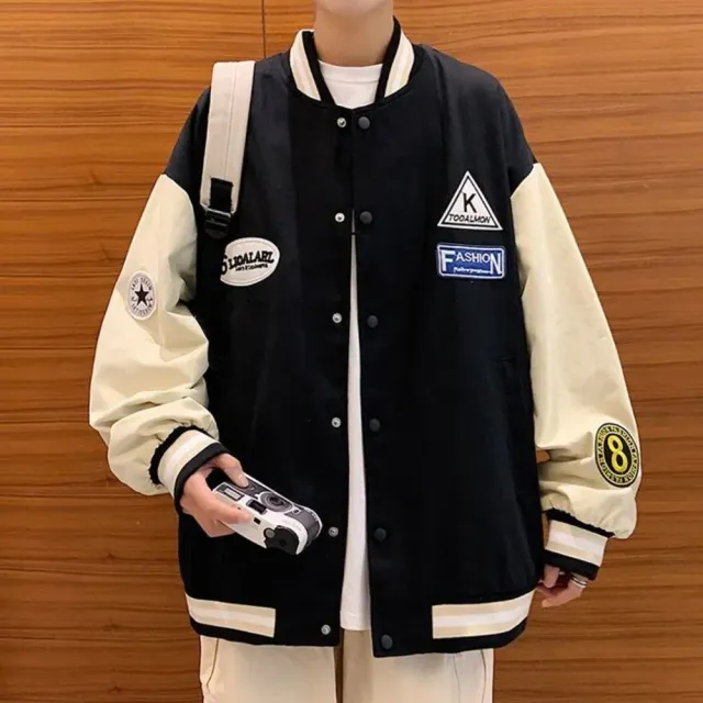 【Heart:W 新職人】★潮流寬鬆貼標圖案棒球外套(秋冬/寬鬆修身/立領外套/男女可穿/潮流穿搭)