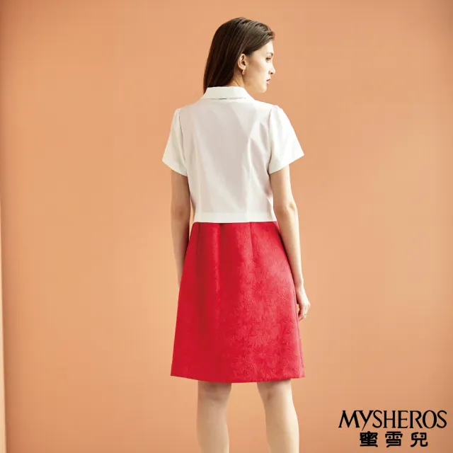 【MYSHEROS 蜜雪兒】短洋裝 附西裝外套 無袖 方領 壓花 後拉鍊 兩件式(紅)