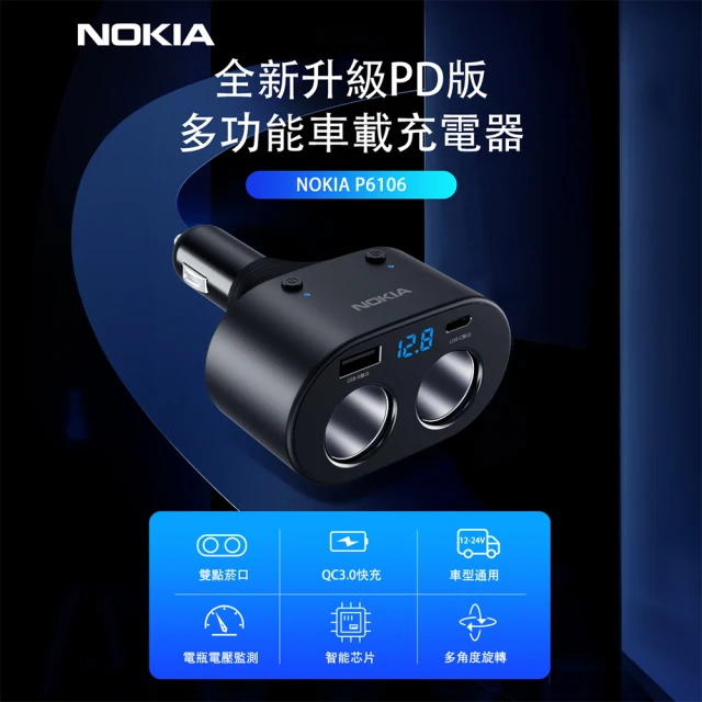 NOKIA 120W typeC/USB 電壓顯示 PD+QC 一轉二車充(P6106N)