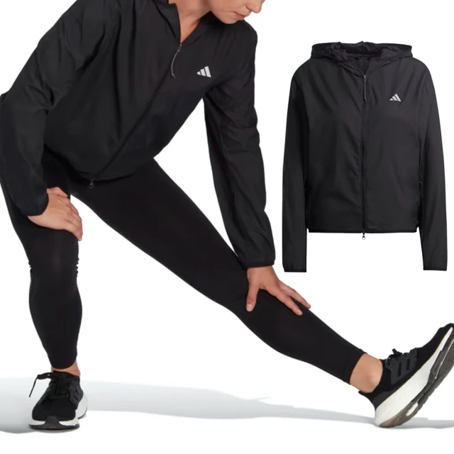 【adidas 愛迪達】Run IT Jacket 女款 黑色 休閒 運動 拉鍊鑰匙袋 連帽 外套 HM4288