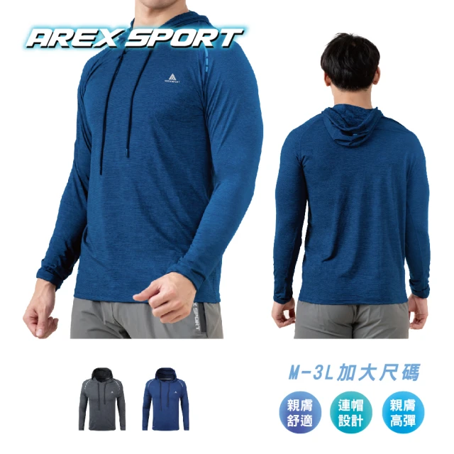 AREXSPORT 加大碼男上衣 連帽上衣 帽Ｔ 男長袖 大碼上衣 速乾吸排 M-3L 男運動健身休閒 運動上衣