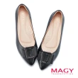 【MAGY】牛皮白鑽方釦皮革蝴蝶結低跟鞋(黑色)