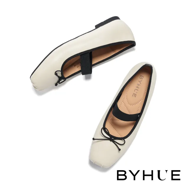 【BYHUE】優雅氣質蝴蝶結羊皮軟芯Q底方頭低跟鞋(米白)