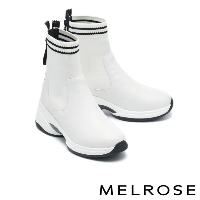 MELROSEMELROSE 美樂斯 俐落時髦舒適牛皮拼接彈力飛織高筒厚底休閒鞋(白)