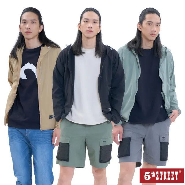 【5th STREET】男裝抗UV吸濕排汗涼感連帽防曬外套-黑/卡其/綠色 三色(山形系列)