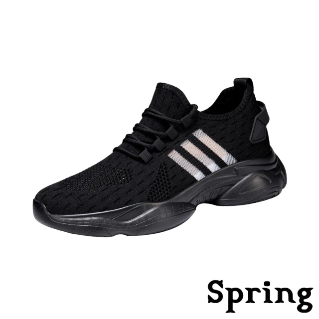 【SPRING】網布運動鞋/透氣飛織網布繫帶個性休閒運動鞋-男鞋(黑)