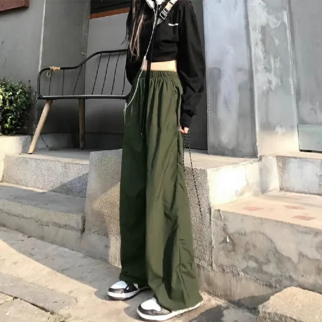 【Shiny 藍格子】單色街頭風寬鬆闊腿鬆緊腰束腳長褲 V3677 現+預(女褲 寬褲)