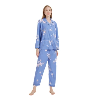 【蕾妮塔塔】繽紛花朵 針織棉長袖兩件式睡衣(R27210-10霧藍)
