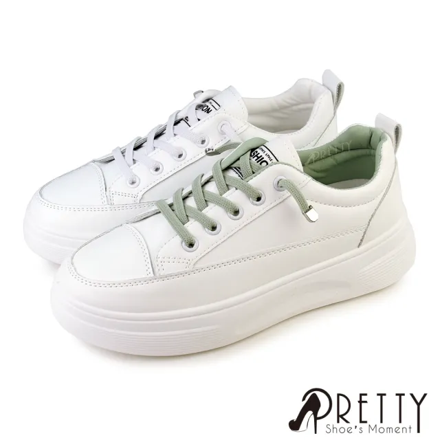 【Pretty】女 小白鞋 休閒鞋 皮革 厚底 增高 免綁帶(綠色、白色)