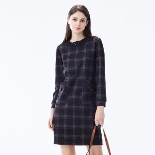 【MYVEGA 麥雪爾】抽繩領邊格紋短洋裝-灰