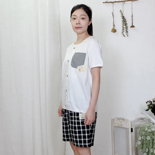 【Hana Mokuba】花木馬日系女裝針梭織拼接裝飾門襟休閒T恤(T恤)