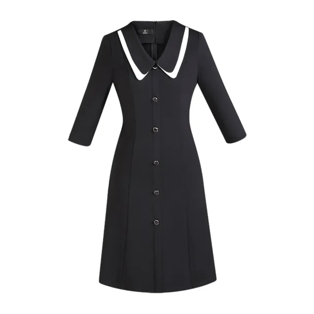 【SZ】玩美衣櫃A字洋裝雙色翻領排扣黑色連身裙S-4XL
