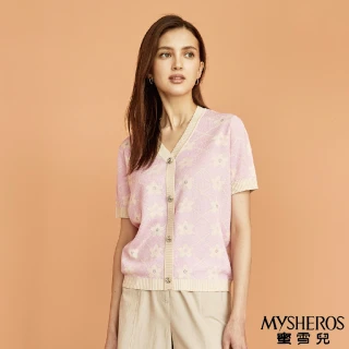 【MYSHEROS 蜜雪兒】針織上衣 V領 排釦 鑽飾 滿版小花 格菱紋(粉)