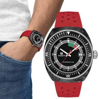 【TISSOT 天梭】坤達配戴款 官方授權 Sideral S系列 70年代鍛造碳機械手錶-紅 送行動電源(T1454079705702)