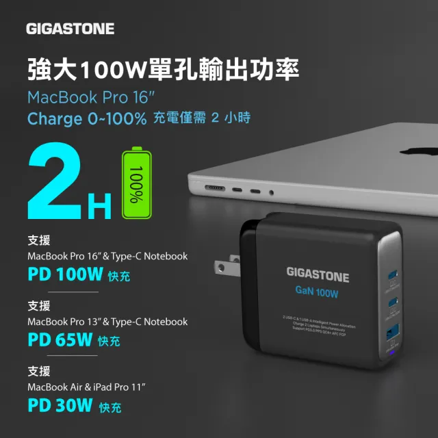 【GIGASTONE 立達】100W GaN氮化鎵三孔USB-C充電器+C to C 100W快充傳輸線(iPhone15/MacBook快充充電頭)