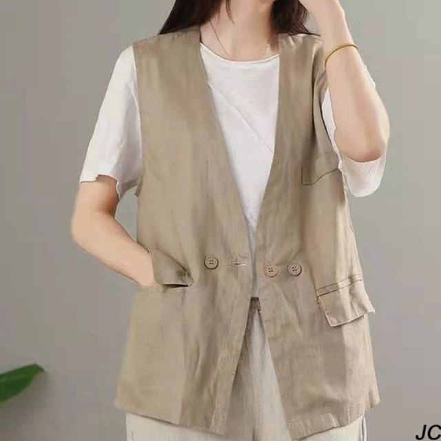 【JC Collection】棉質舒適文藝復古單扣寬鬆顯瘦無袖背心薄外套(黑色、卡其色)