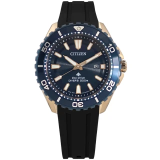 【CITIZEN 星辰】PROMASTER 光動能 潛水錶 日期 橡膠手錶 藍x玫瑰金框x黑 44mm(BN0196-01L)