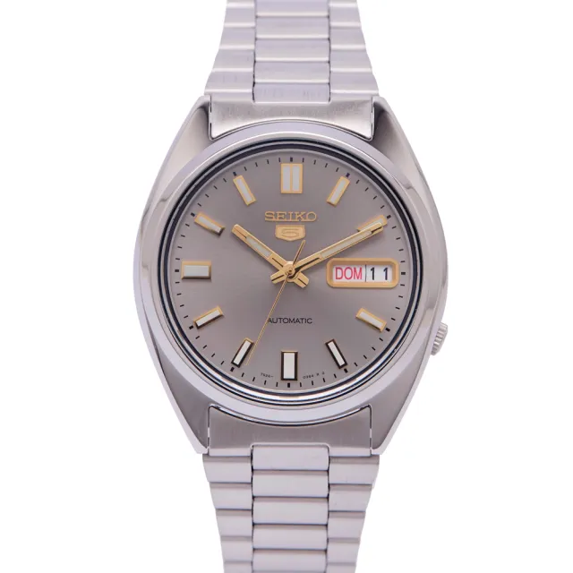 【SEIKO 精工】盾牌五號機芯機械輕薄款不鏽鋼錶帶手錶-灰面x金色/37mm(SNXS75K1)