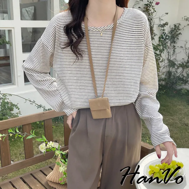 【HanVo】現貨 慵懶風條紋長袖寬鬆上衣(親膚柔軟透氣百搭棉質 韓系女裝 女生衣著 A02-1897)