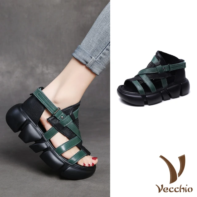 VecchioVecchio 真皮涼鞋 厚底涼鞋/真皮頭層牛皮縷空網面彩色線條拼接厚底羅馬涼鞋(黑)