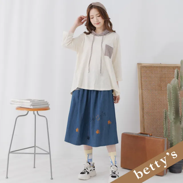 【betty’s 貝蒂思】小樹格子連帽拼接八分袖T-shirt(米黃)