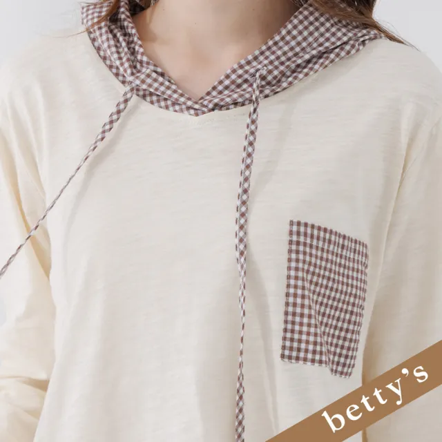 【betty’s 貝蒂思】小樹格子連帽拼接八分袖T-shirt(米黃)