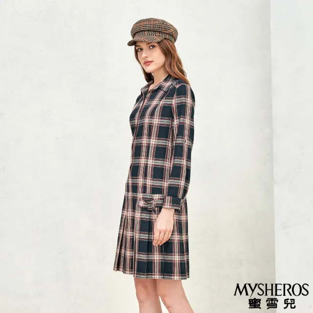 【MYSHEROS 蜜雪兒】A字洋裝 經典格紋 翻領半排釦 低腰修身設計(黑)