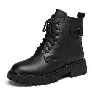 【SOFT WALK 舒步】牛皮馬丁靴/全牛皮百搭皮帶釦飾七孔經典款馬丁靴(黑)